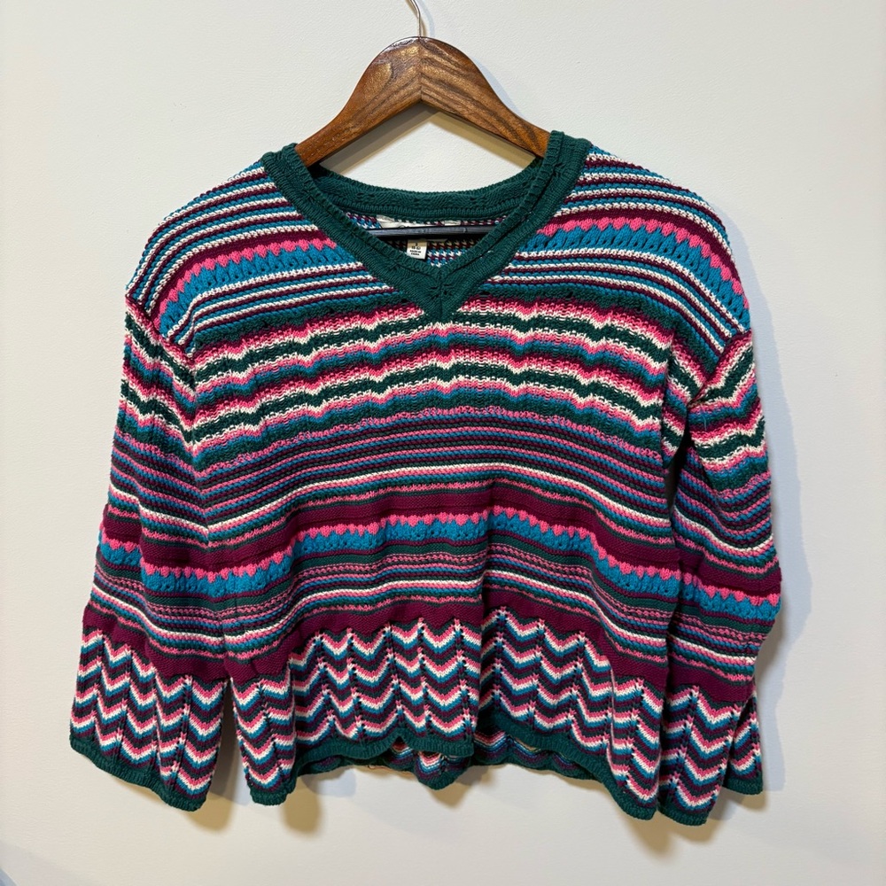 Retro Boho Rainbow Stripe Cropped Cotton Sweater Pioneer Woman Small